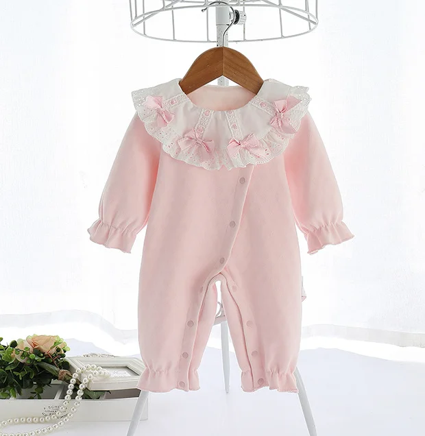 Baby boutique 2021 winter new baby clothing pink small bow thickened long sleeve baby romper