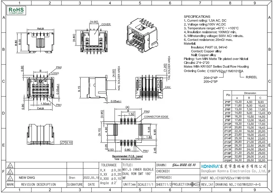 KR1507 molex 1.5mm connector socket and plug wire to board wiring harness connectors for automotive