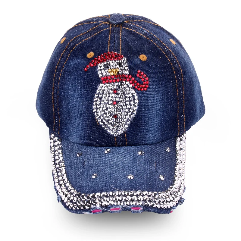 Custom bling stone logo multi color 6 panel distressed denim baseball cap Custom rhinestone hat Christmas hat