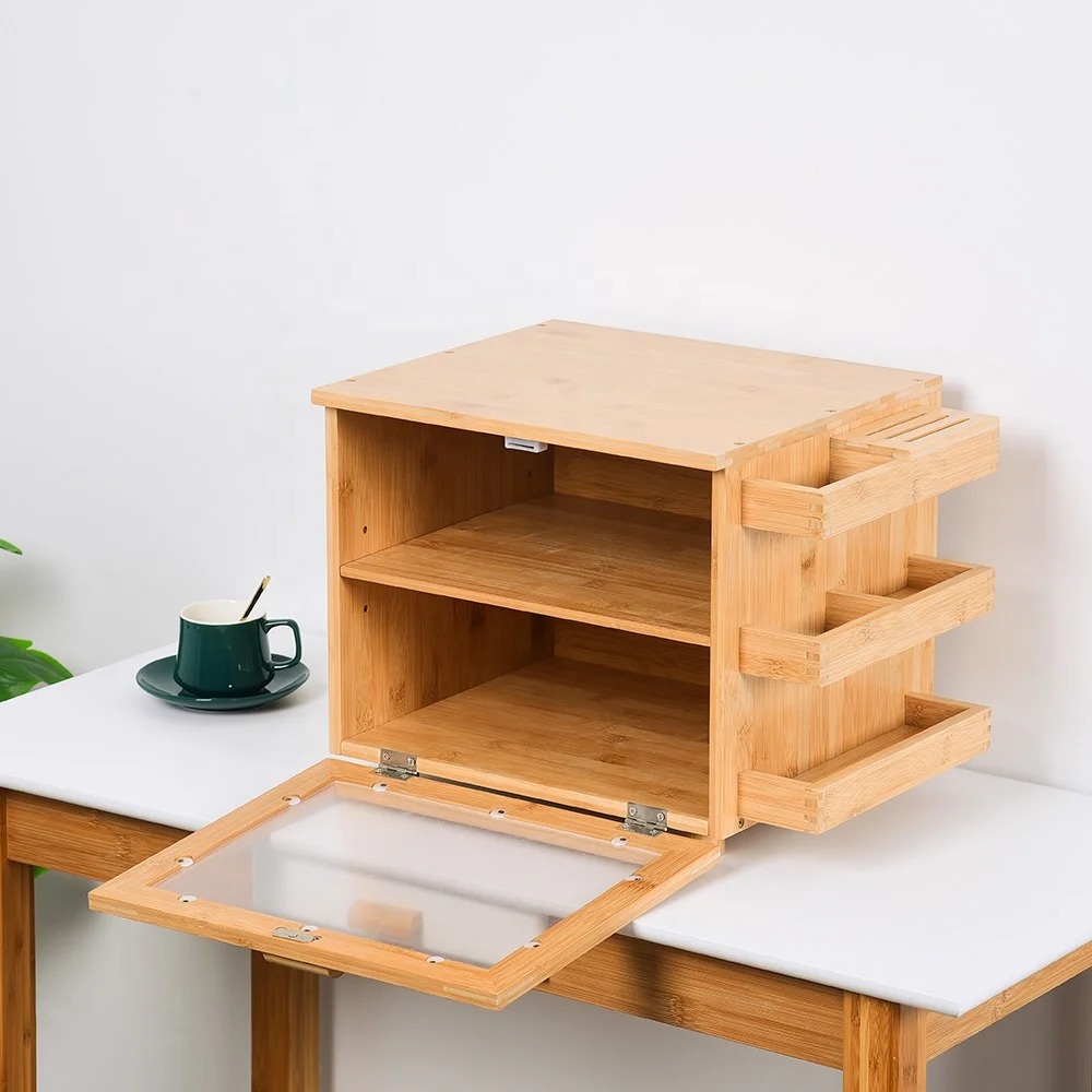 Double Layer Bamboo Bread Box Bread Storage Container Large Bread Box with Knife Storage Rack