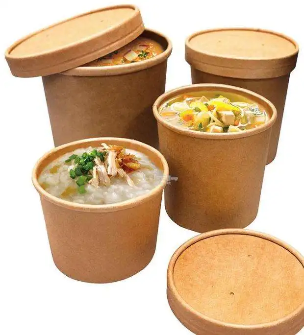 Custom Print Eco-friendly Disposable Food To Go Packaging Container Kraft Paper Bowl Rice Soup Cup Take Away Salad Bowl With Lid