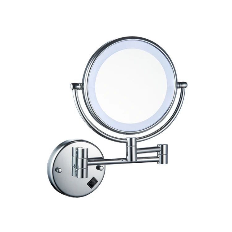 Luxury Brass Chrome Wall Mounted Bathroom Round LED Standing make up  mirror With Light Magnificated Glass