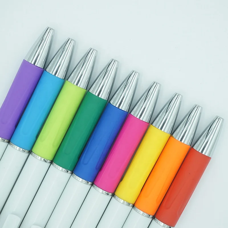 Simple design school stationery supplies logo printing solid white blank plastic ball pen with colorful rubber grip