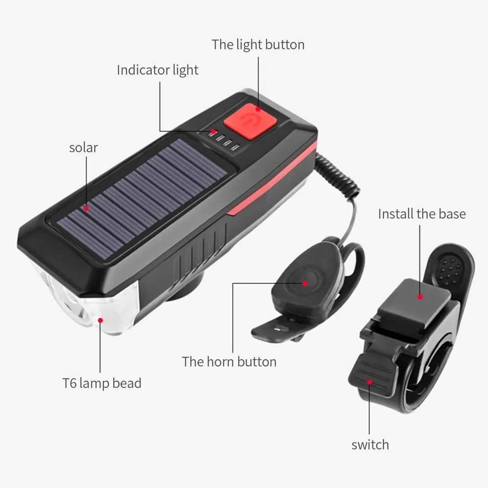 Multi Function Solar bike lights USB Solar Rechargeable Bike Light With Horn Speaker Power Bank Bicycle Light cycling equipment