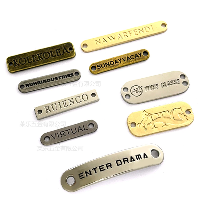 Custom logo swimwear metal accessory gold sewing tags zinc alloy engraved letter brand logos metal label for clothing bikini