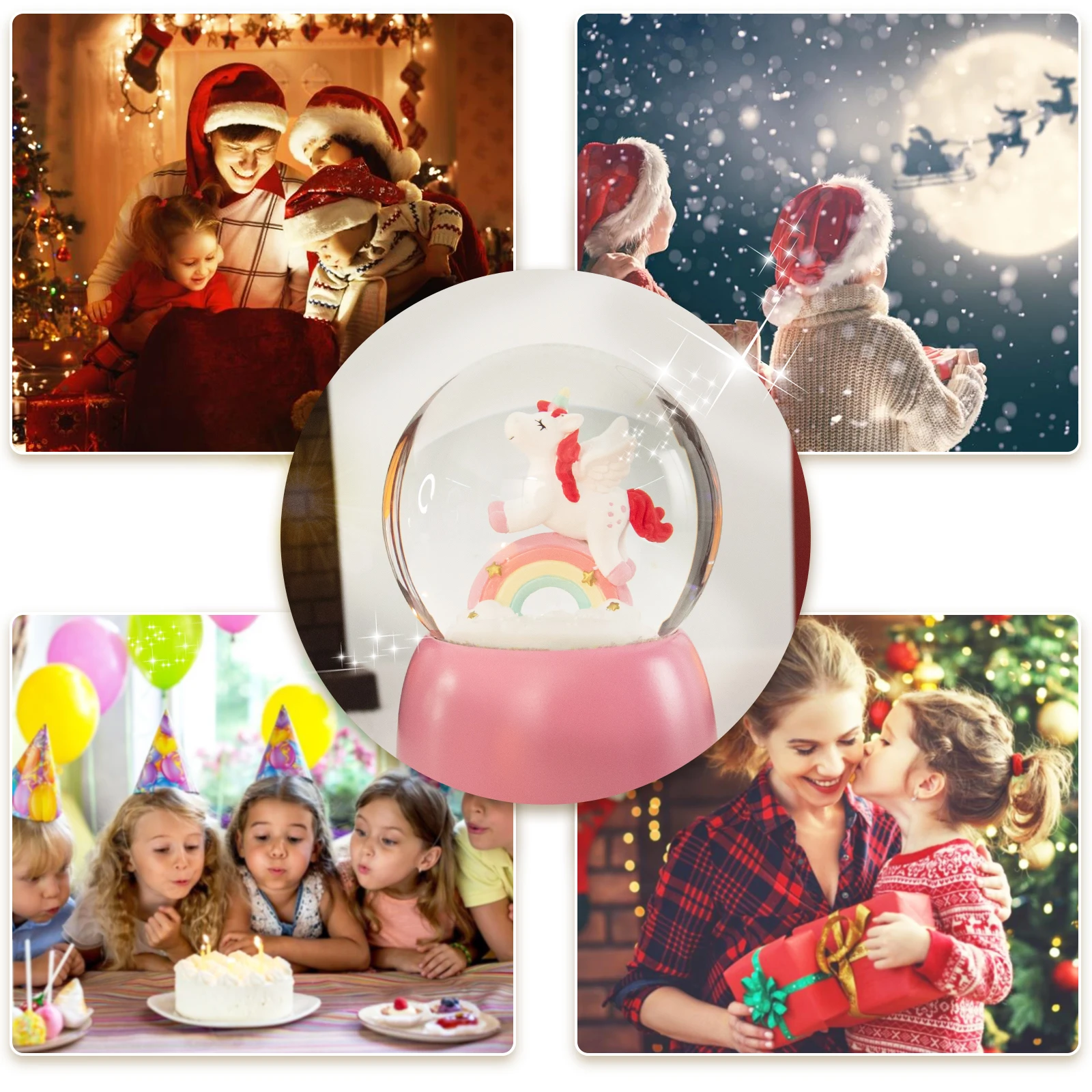 OEM custom resin dome cheap water globes pink pedestal music rainbow unicorn snow globes