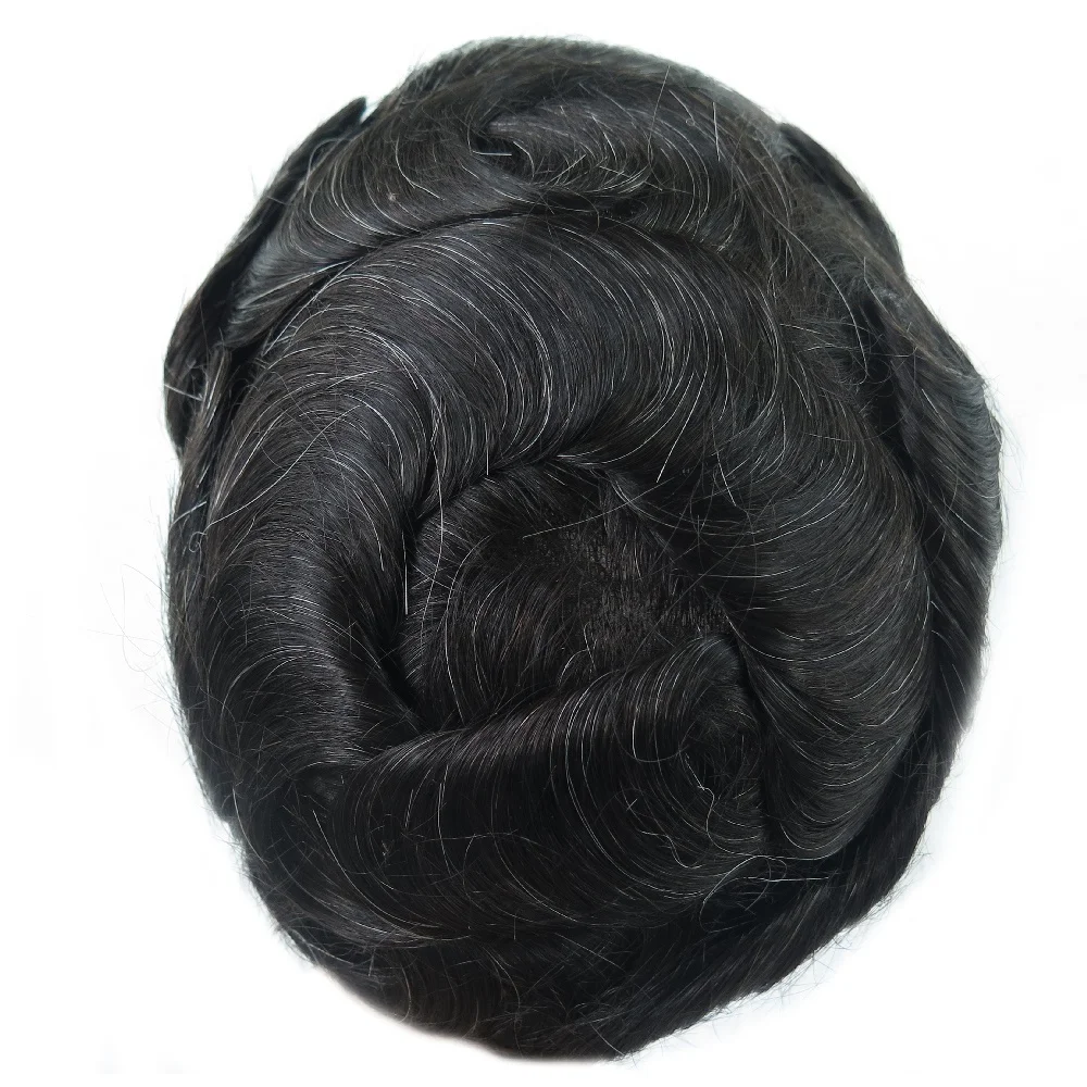 PU Scallop Front Indian Human Hair Men Toupee with Grey Hair