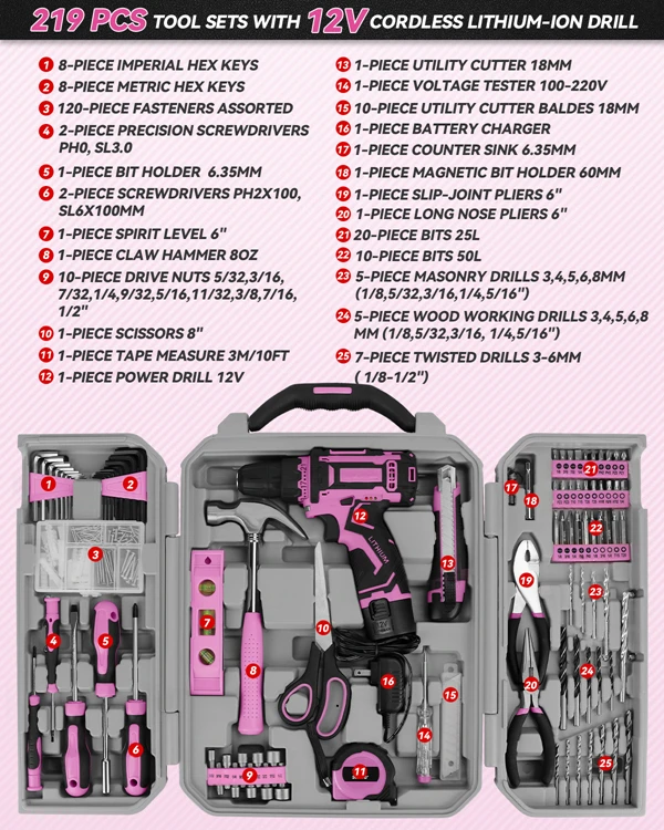 219 Pcs Multi Tool Kit Set Garden Hand Tools Professional Wooden for Women Combination 219 Pieces Pink Power Tool Set Odm Drill