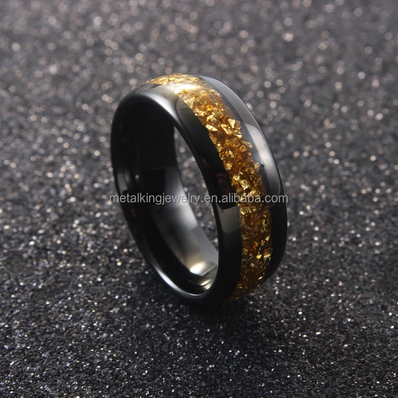 8mm Black Tungsten ring with Gold Germany Glass Stone Inlay, Dome Finished.