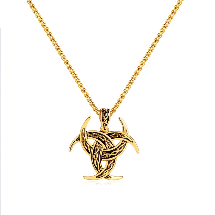 Wholesale Vintage Viking Celtic Knot Hip Hop 18k Gold Plated Stainless Steel Pendant Men Necklace