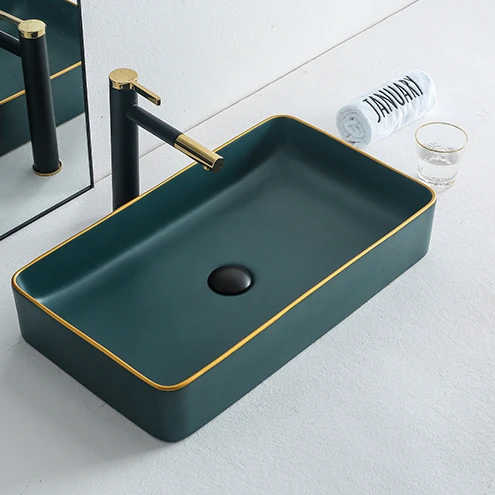 Serene bathroom sink Vitreous china matte green ceramic wash hand basin with luxury gold edge