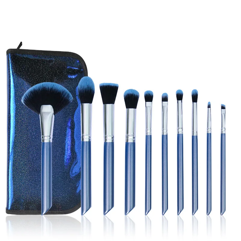 10pcs Makeup Brushes Private Label Blue Glitter Finishing slanted wooden handle Cosmetic Make Up Brush Oem Available Makeup Brus