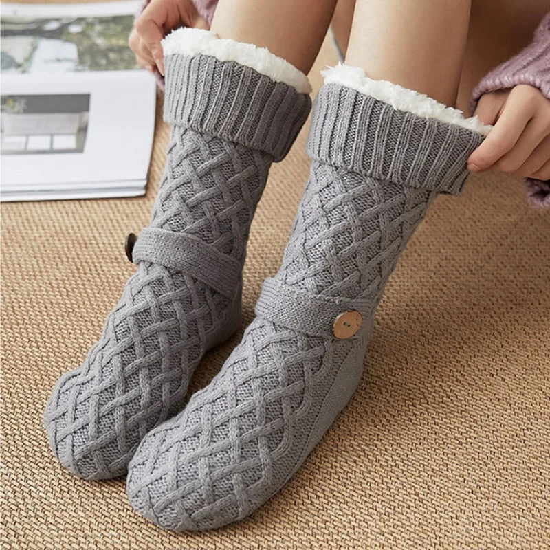 
Wholesale Knit Cozy Fleece Floor Fuzzy Winter Women Christmas Warm Acrylic Slipper Socks Floor socks with Button 