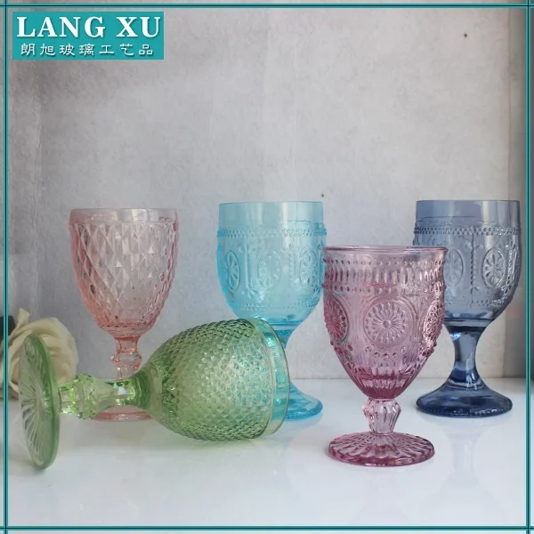 LANGXU Good price eco-friendly drinking Sunflower pink colored thick-walled wine glasses goblet with embossed diamond pattern