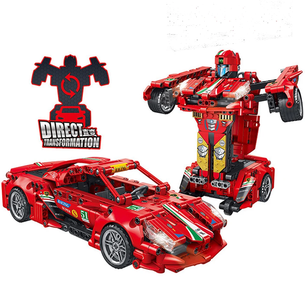 HW Toys Diy Bricks Pull Back Direct Force Straight Change Cars Transformation Robot Sports Car Building Blocks Sets For Kids