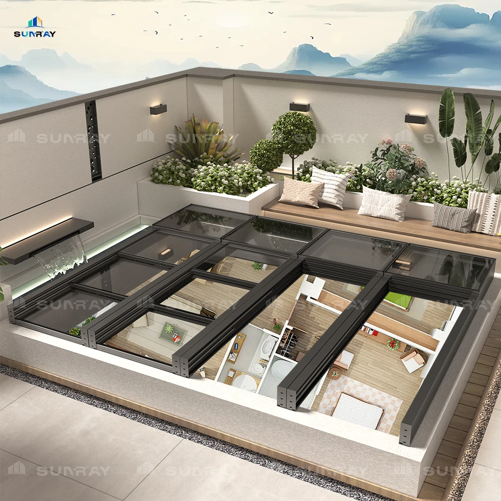 Sunray overlapping skylight intelligent rain sensing electric retractable sliding skylight large area lighting roof system