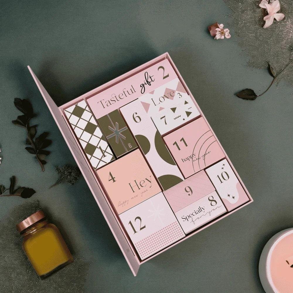 Custom Advent Calendar Cosmetic Gift Box Paper Box Luxury Pink Advent Calendar Box 12 Days