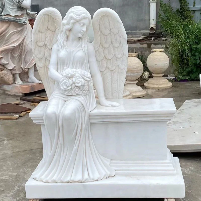 Памятник кладбища Ангела сердце ручная резьба белый мрамор Weeping Angel Headstone надгробие