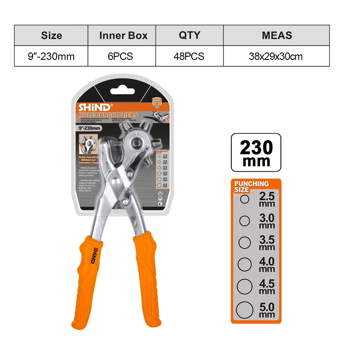 SHIND 94073 Hole Punch Pliers 9in/230mm Electricity Prevented Handle Steel Plated With 6 Tapered Hollow Hardened Steel Punches