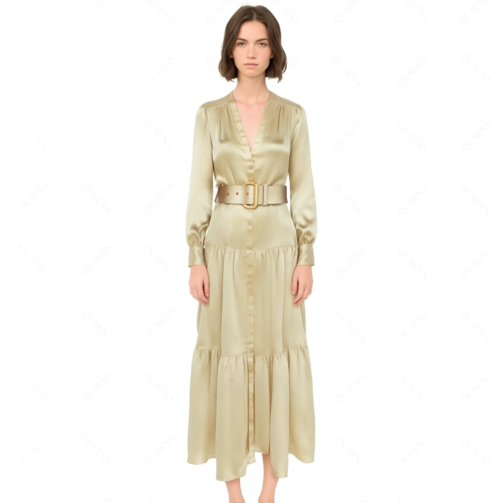 Elegant Silk Dresses Women Shirt Dress Long Sleeve Button Up Dresses Women