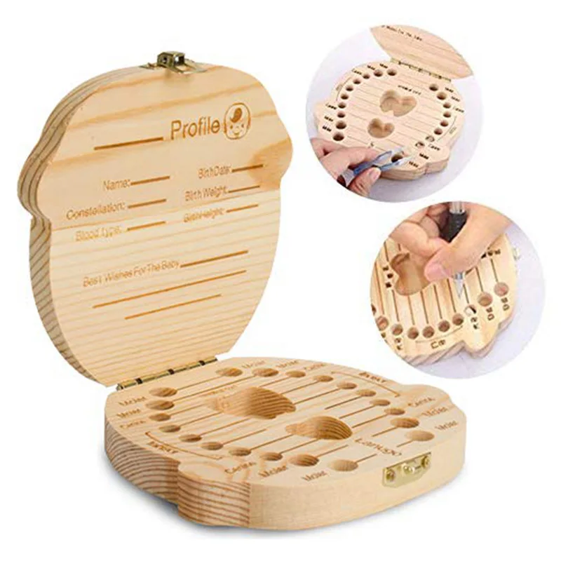 Special Girls Boys Memory Gift Baby Teeth Keepsake Box Wooden Tooth Holder Multilingual Children Tooth Container