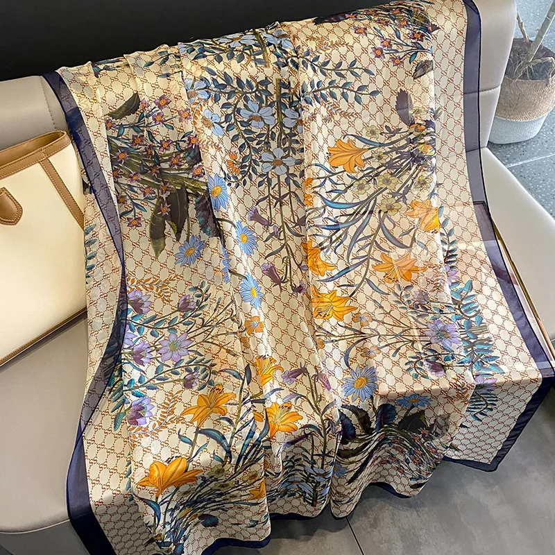 New arrival designer flower printed silk gauze scarf famous brands scarves women beach swimwear sarong cover up wrap shawls