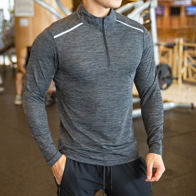Quick dry plain long sleeve sports 1/4 zip up basic color muscle fitted gym training mens shirts