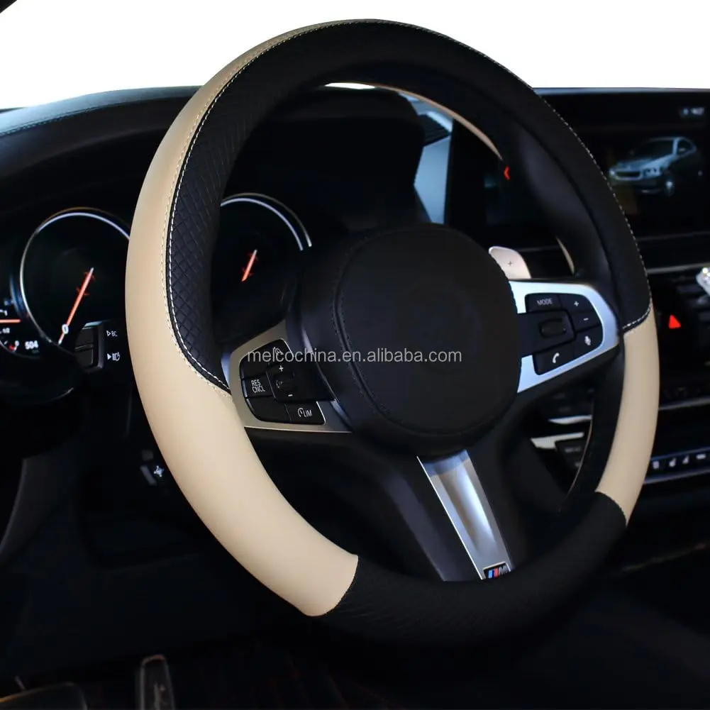 MELCO Amazon Hot Seller Black Brown Leather Universal 15 Inch Fit Anti-Slip Odor-Free Car Steering Wheel Glove Cover