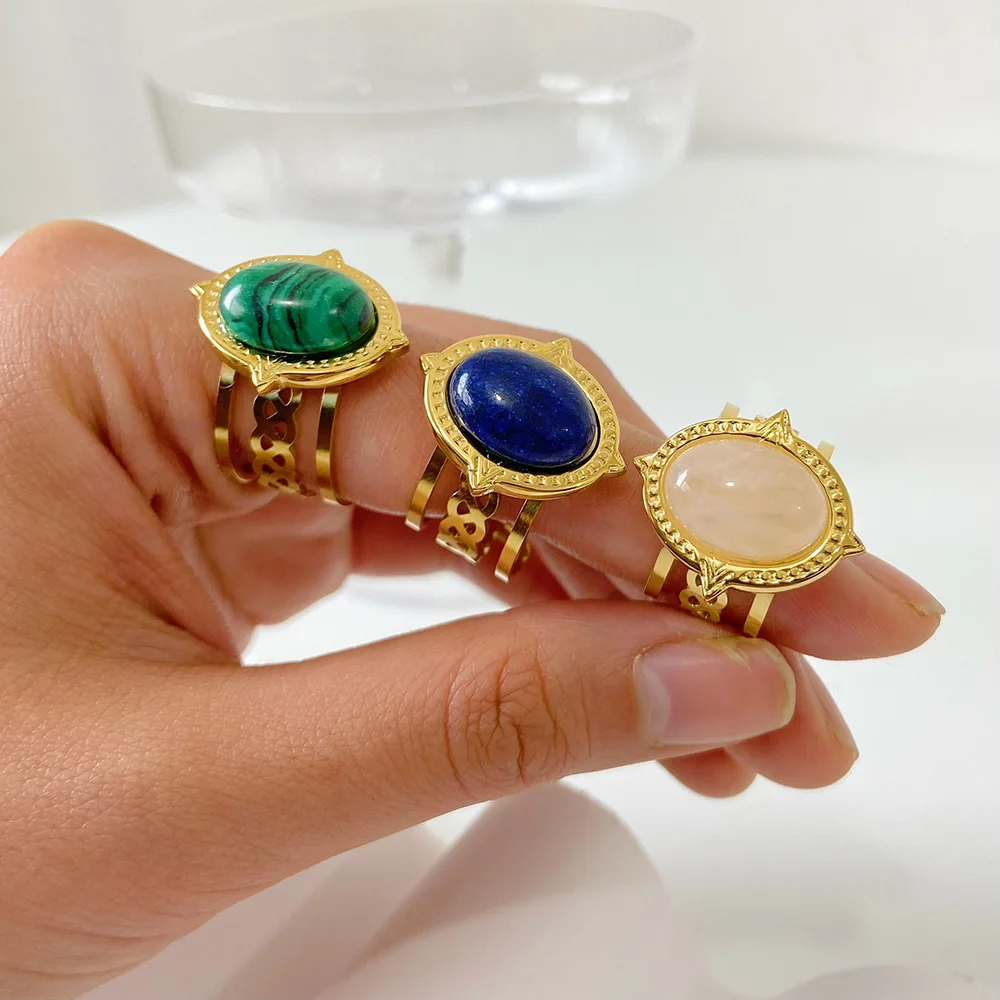 Waterproof Pvd Gold Plated Stainless Steel Natural Stone Hollow Three Layers Adjustable Ring anillos de acero inoxida