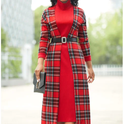 2022 winter clothes Fake 2in1 Tartan Print Wine Red Dress