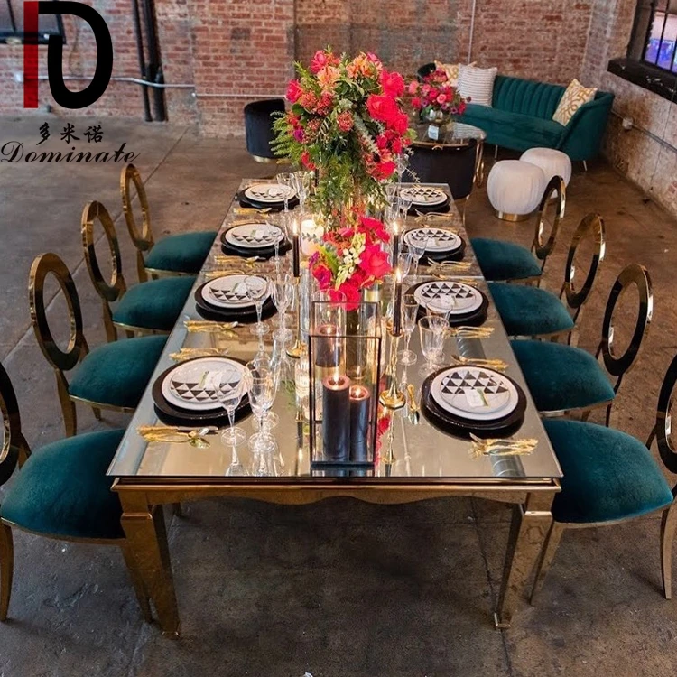 Hot sale luxury gold stainless steel frame glass top dining table wedding banquet event tables