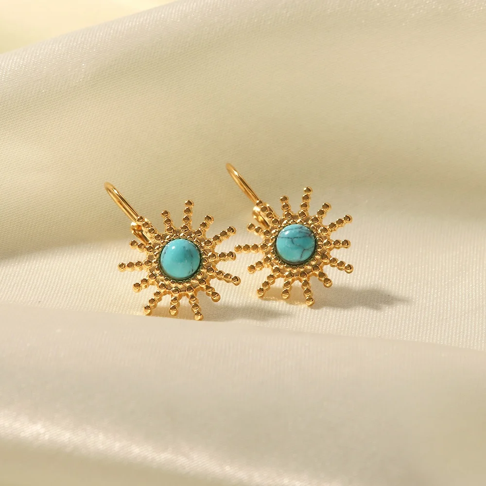 Suyan Jewelry Factory Price  Sun Shape Beads Design Turquoise Non Tarnish 18k Gold Plated Stainless Steel Hoop Earrings Women