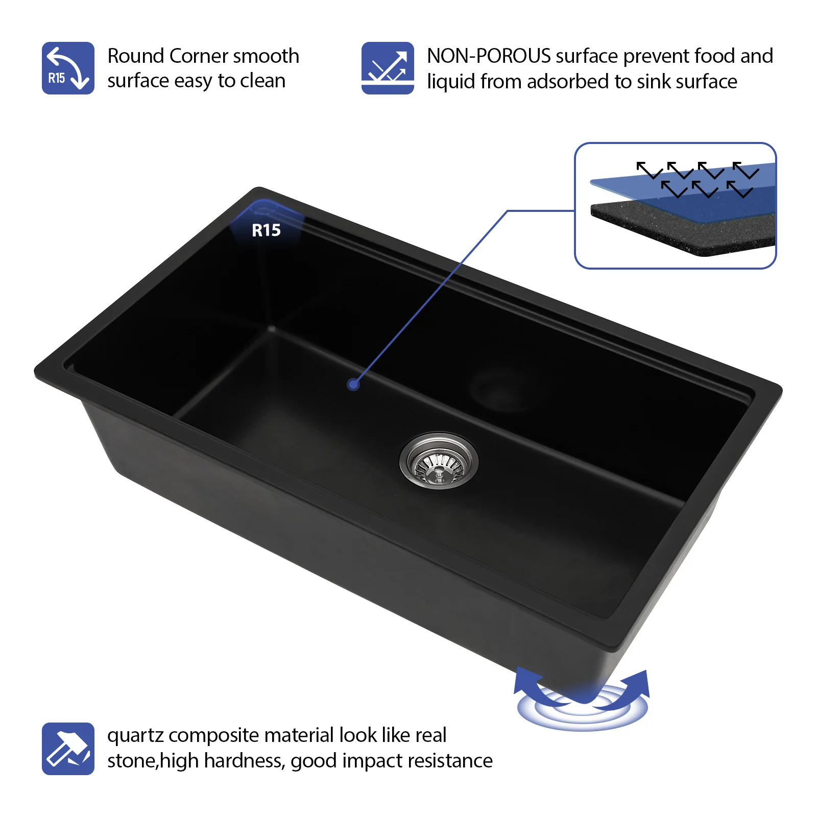33x19 Inch Quartz Stone Water Saving Workstational Kitchen Sink Step Bowl Granite Black Kitchen Sinks Wholesale