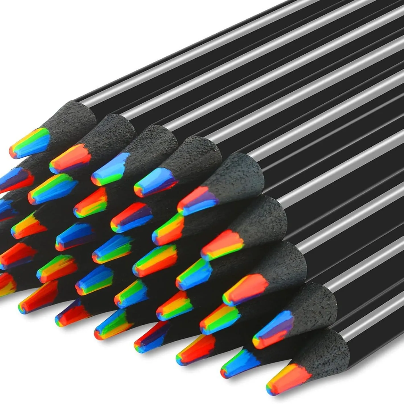 Meihui 12pcs 7 in 1 Multicolored Pencil Black Wooden Rainbow Color Pencils for Adults Drawing Coloring Sketching