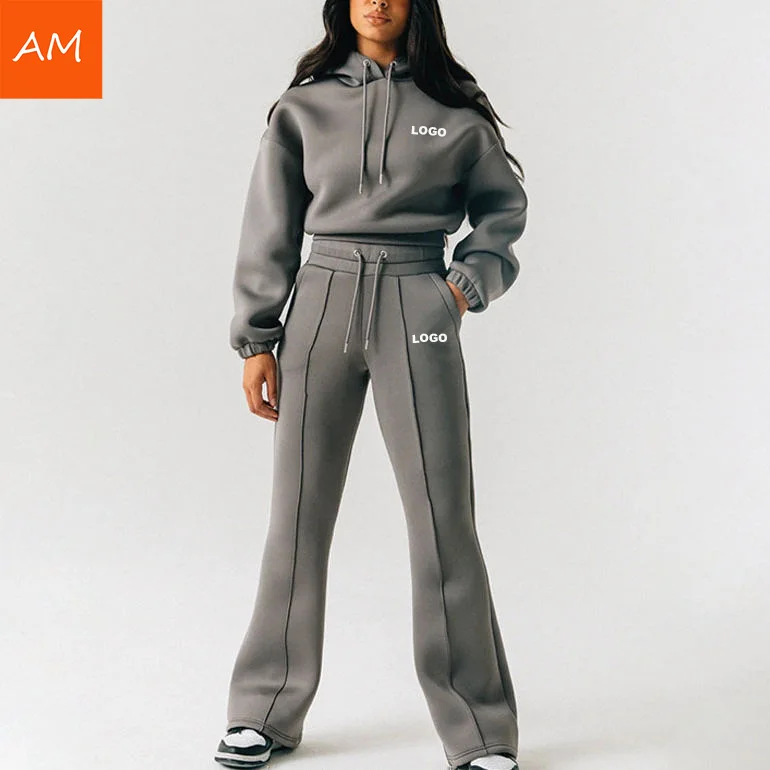 High Quality Women Tracksuit Set Custom Logo Outfit Sweatsuit Wide Leg Jogger Set for Ladies