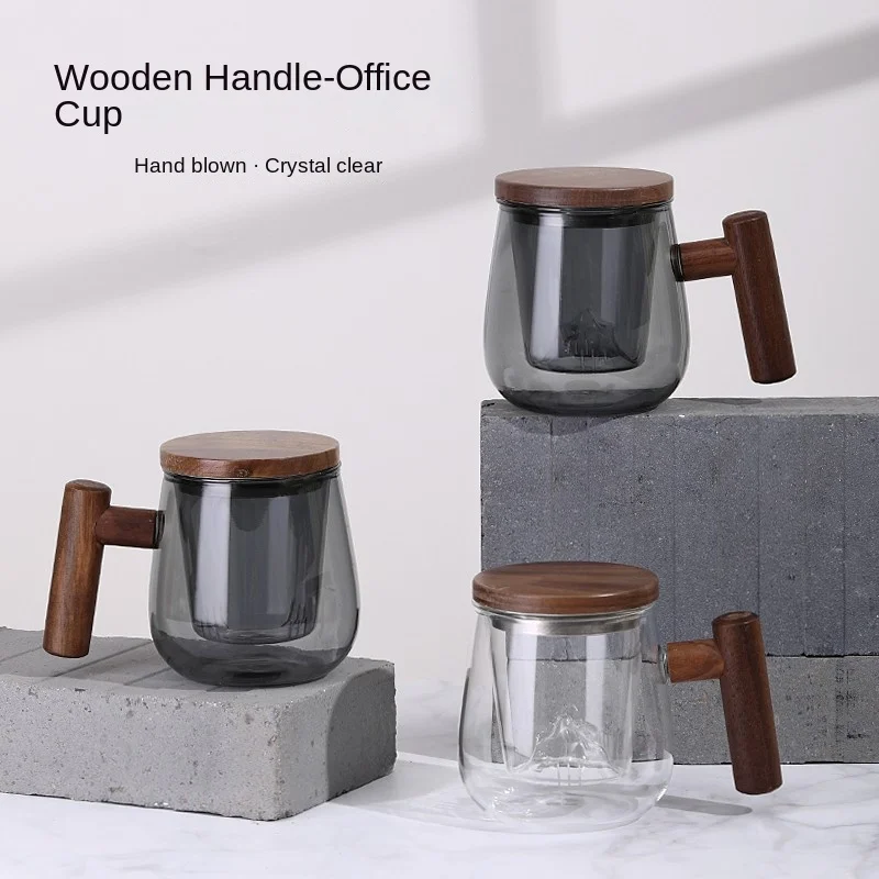 500 мл с высокой боросиликатной боковой ручкой трехсекционный фильтр чашка для чая деревянной крышкой