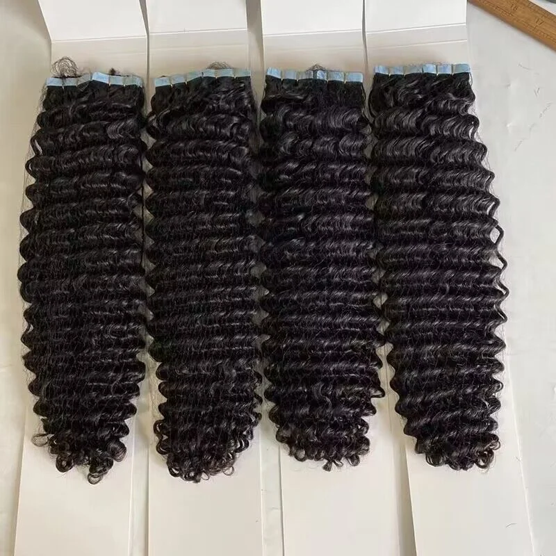 2024 high quality 10A human hair extensions 3.5oz/set deep wave indian remy hair tape ins extensions natural black best tape
