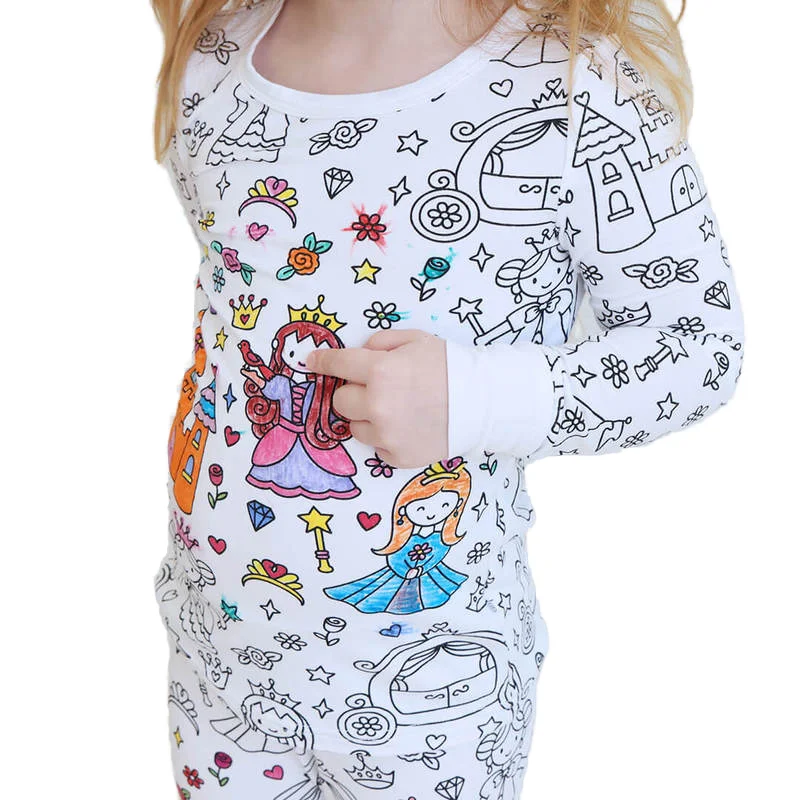 DIY Drawing Graffiti Loungewear Sleep Wears Unisex Kids Bamboo Pajamas Set Winter Cartoon Pattern for 4-6 Years Old Children