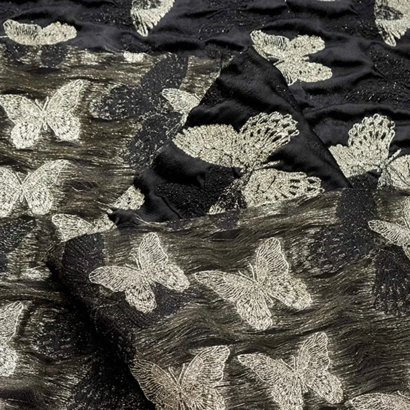 gold silk butterfly jacquard beautiful dress fabric by elegant black dress yarn-dyed shaggy skirt decorative fabric