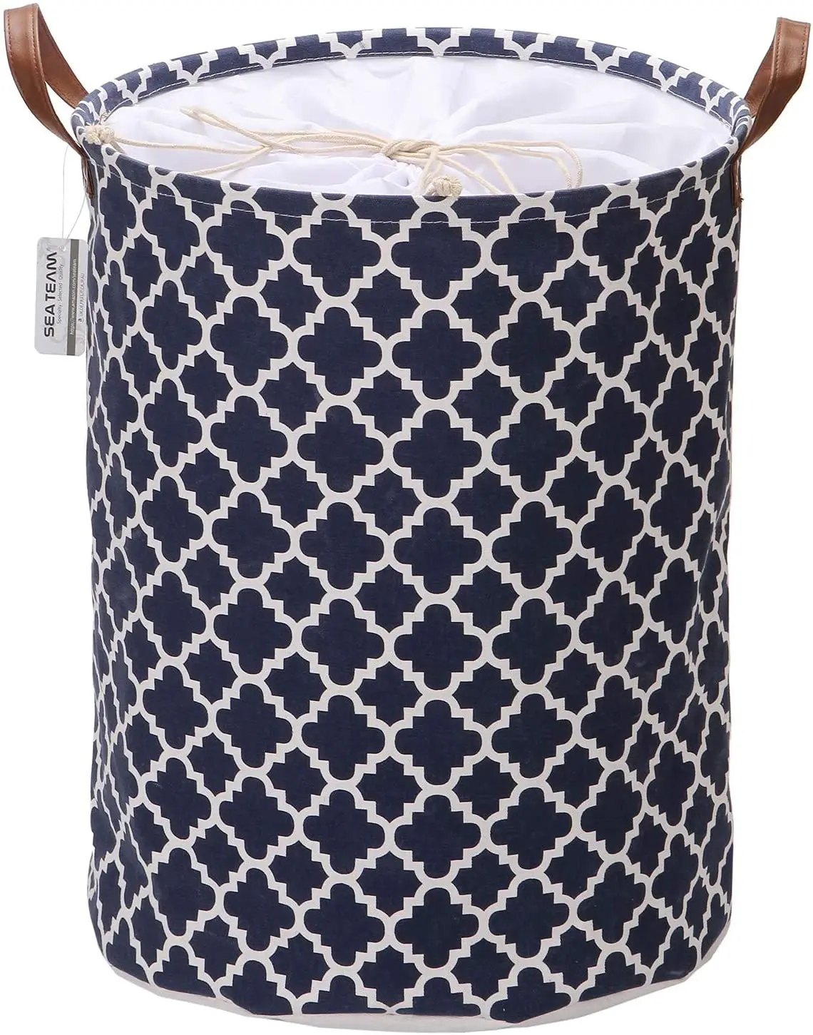 Sea Team Moroccan Lattice Pattern Laundry Hamper Canvas Fabric Laundry Basket Collapsible Storage Bin with PU Leather Handles