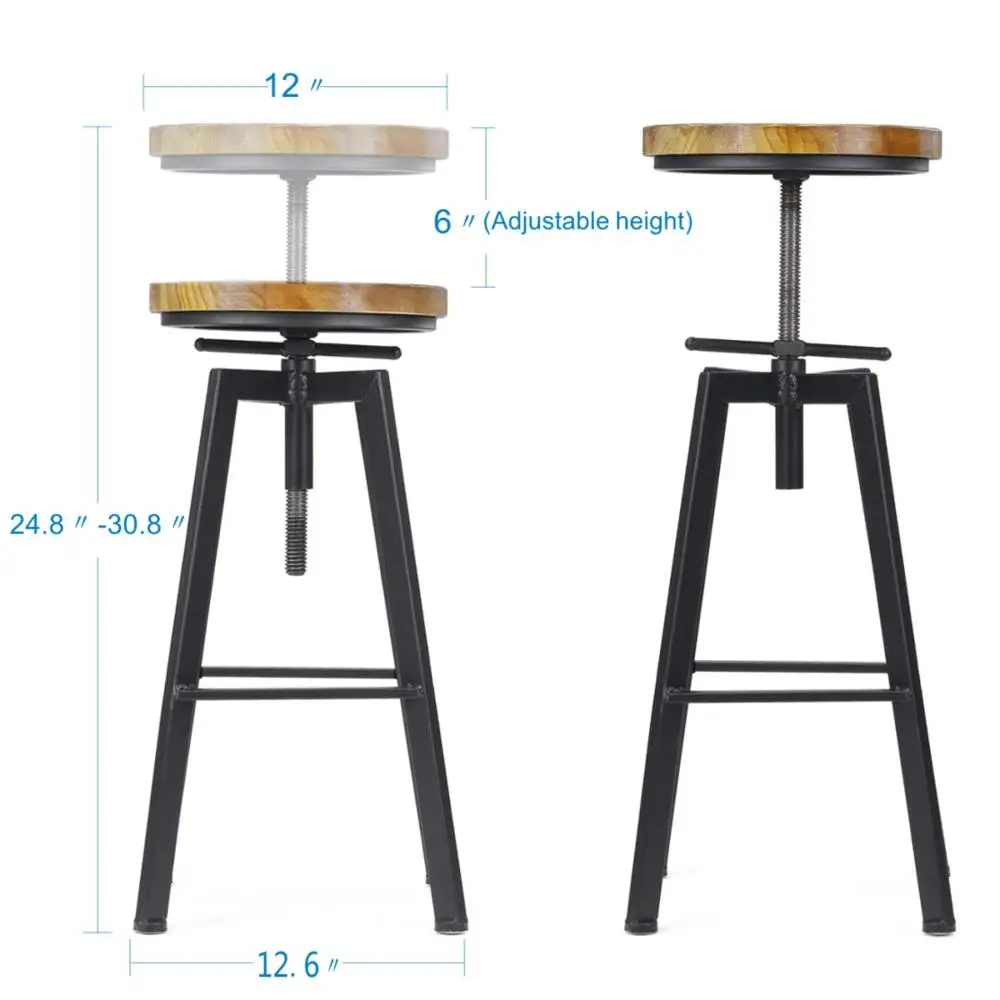 Industrial Antique Wooden Top Height Adjustable Cheap Metal Bar Stools