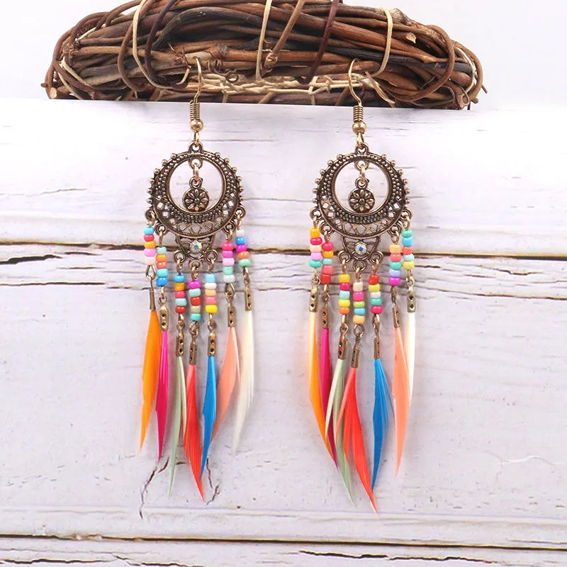 VRIUA Ethnic Bohemian Boho Long Feather Indian Earrings For Women Brincos Bijoux Charm Gypsy Hippie Tribe Vintage Ladies Earring