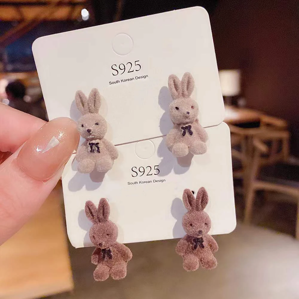 autumn winter accessories 925 Silver Needle Cartoon stud earrings Girl Plush Rabbit Little bear Lovely flocked Earrings