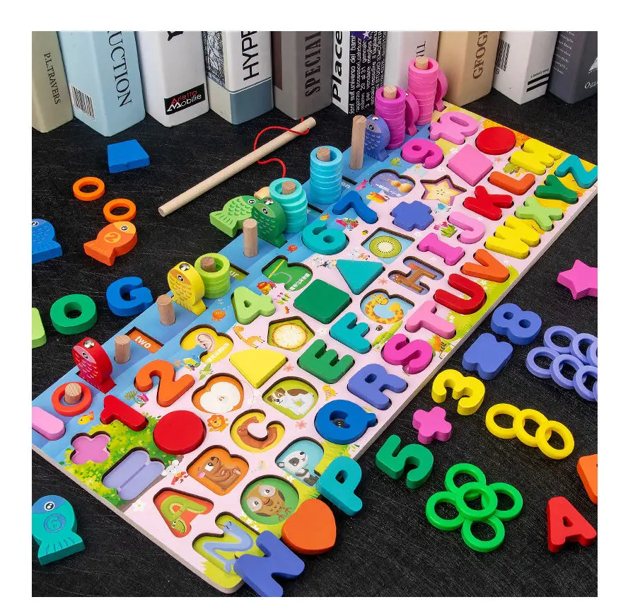 Wholesale Montessori Educational Mathematics Smart Games Fishing Sensory Toys, Geometric Shapes Wooden Toy for Kids