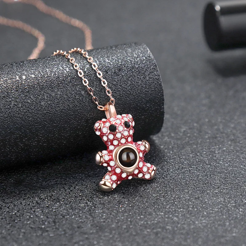 Europe and the United States cross-border 925 silver 100 languages bear projection photo necklace female diamond pendant fashion