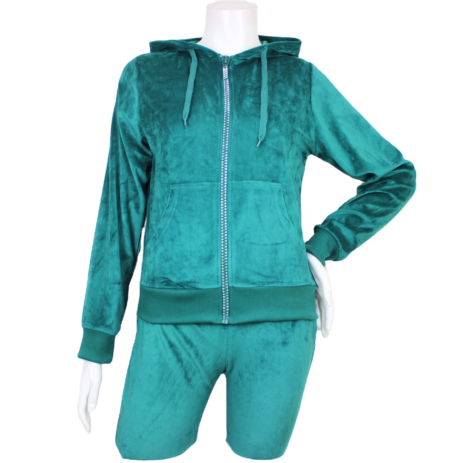 Canada High Quality Green Velour Women Tracksuit With Hoodie Embroidery , Velour Set