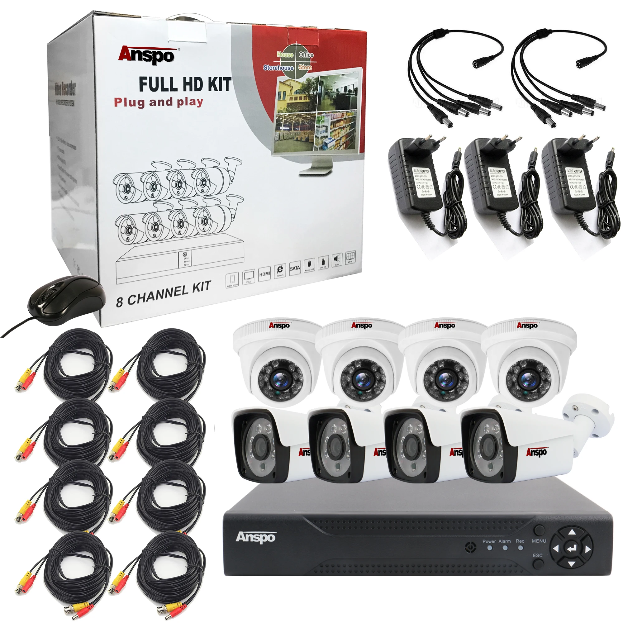 2MP 8 Channel AHD Security Camera System kit 8Pcs 2MP HD Wired Outdoor Cameras with Night Vision 5 in 1 DVR