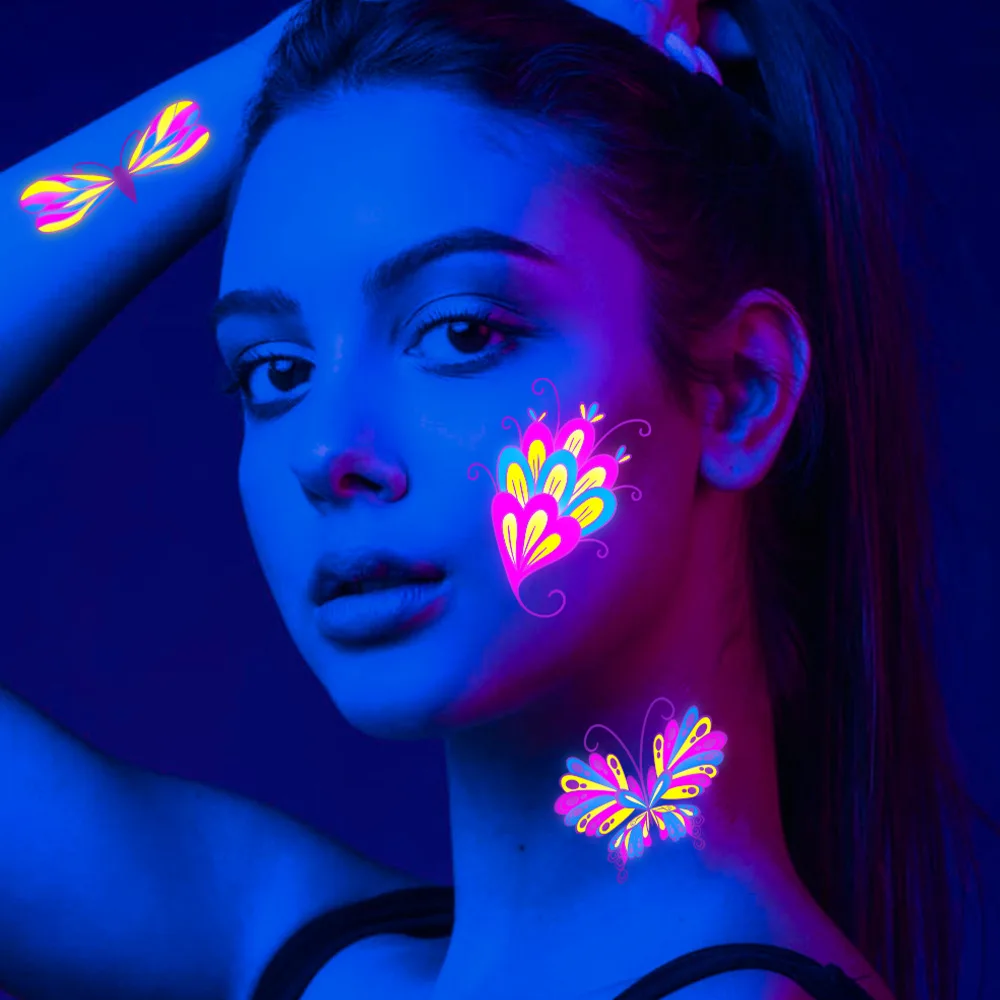 Unisex UV neon fake tattoos butterfly tattoo stickers LED light glow 3D butterfly flower heart tattoo sticker