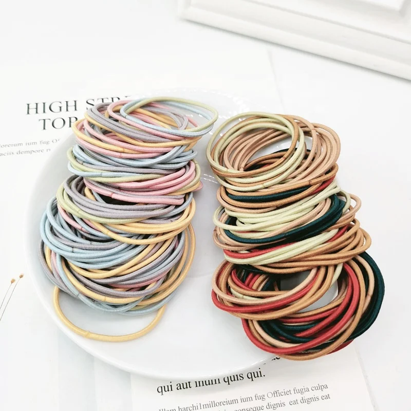 Wholesale Bulk 100PCS 4.5CM Custom Women Girl Kids Basic Colorful Blue Black Pony Tail Bun Hair Rubber Bands Elastic Hair Ties