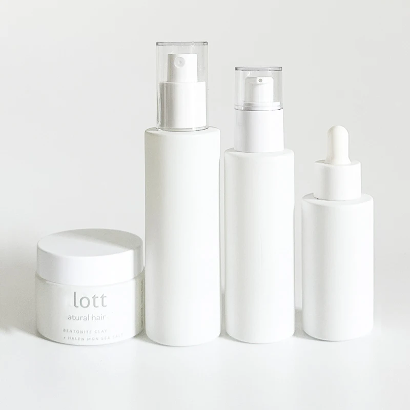 Matte white glass cosmetic set 30 ml 40 ml 60 ml 100 ml 120 ml spray pump lotion bottle cream jars